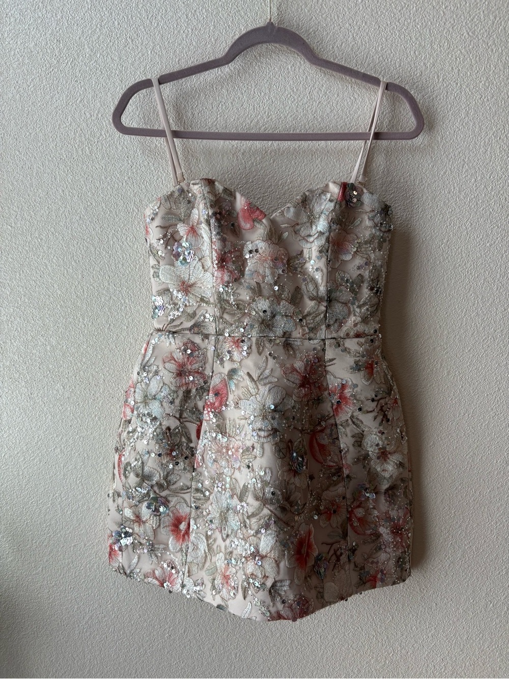 Oh Polly "Dahlia" Beige Floral Embellished Strapless A-line Mini Dress - Picture 4 of 6